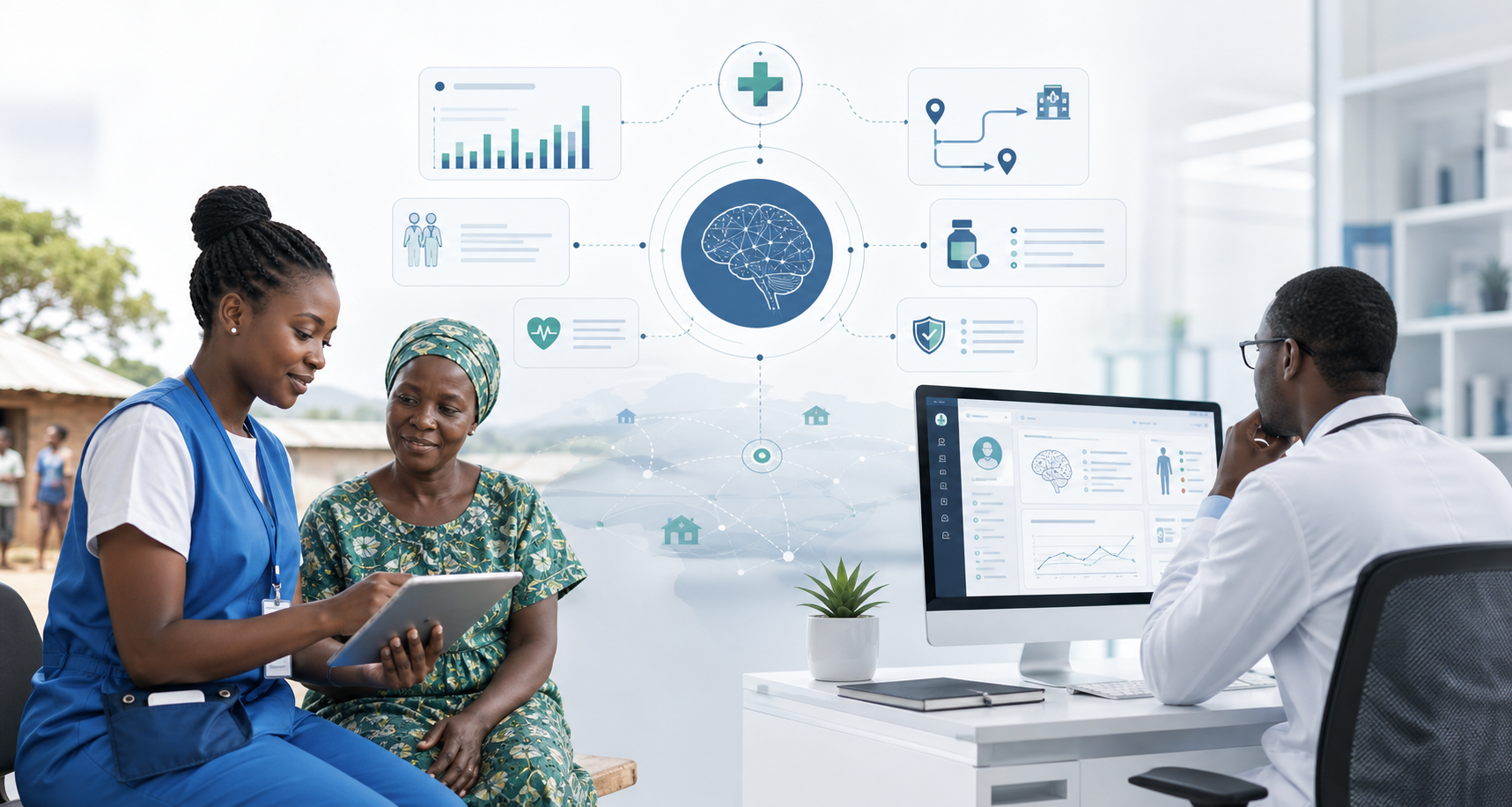 Community health worker and clinician using AI clinical decision support